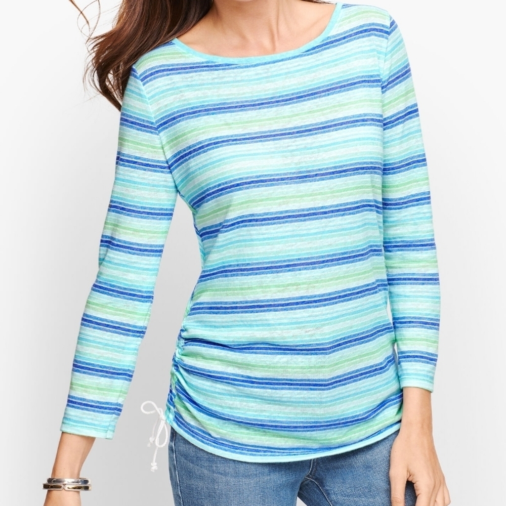 Talbots Linen Blend Striped Side Tie Tee sz M Blue Green Beach Nautical Preppy